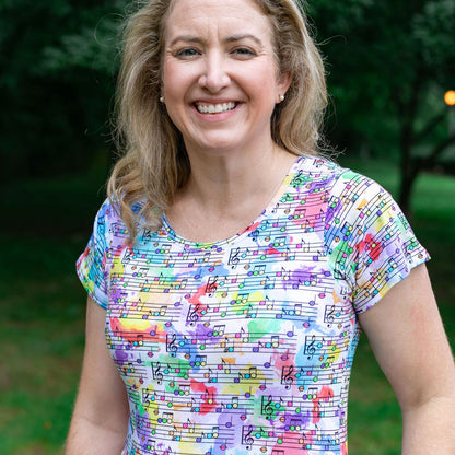 Adult "Staff Meeting" Rainbow Music Notes Super Twirler Dress with Pockets